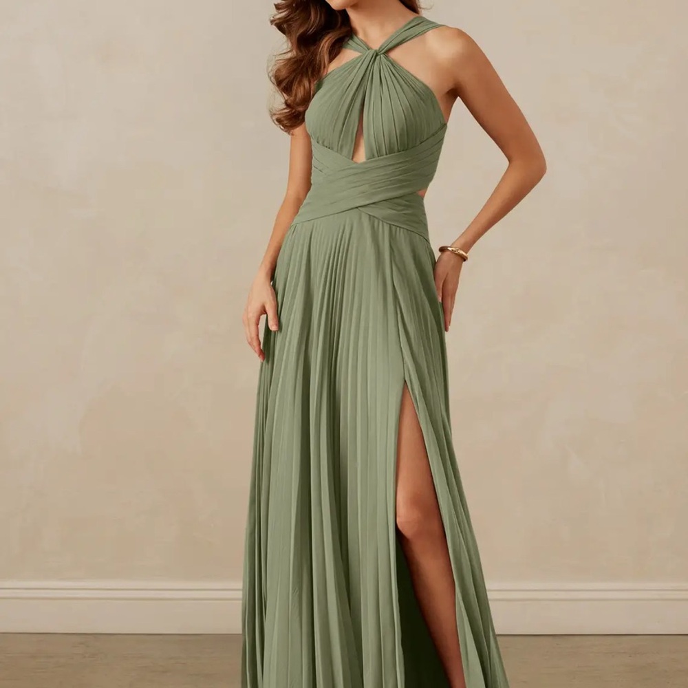 Azazie Olive Green Pleated Halter Wedding Dress - Picture 7 of 10